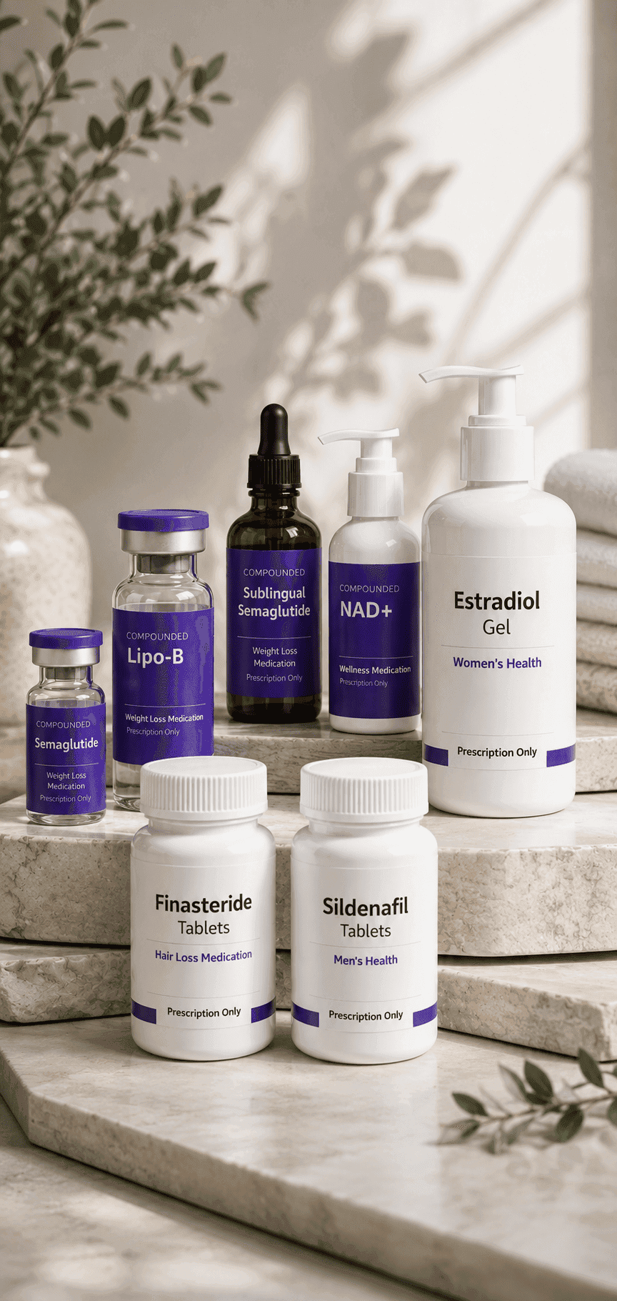 The treatment range arranged on stone steps, one product from each category